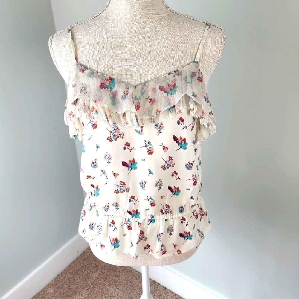 American Eagle Women's Floral Adjustable Spagetti Strap Ruffle Top Size Small